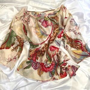 Cache Silk Tropical Floral Print Boat Neck Side Tie Blouse Kimono Sleeve XS